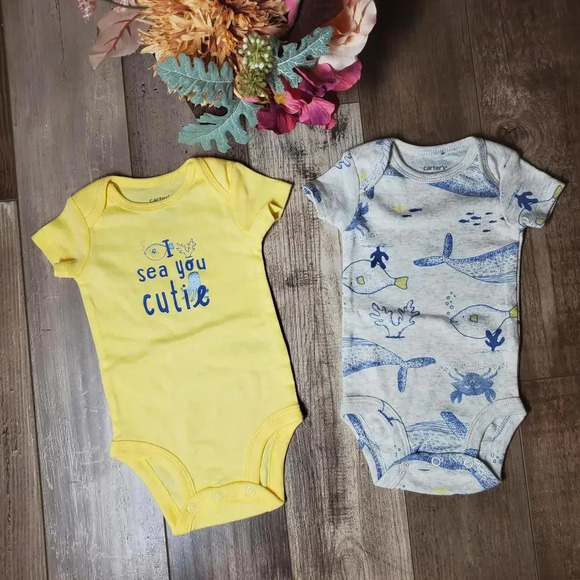 NWOT Carter's Baby Boy Size 3m 2pc Yellow and Gray Nautical Ocean Bodysuits - Picture 1 of 14
